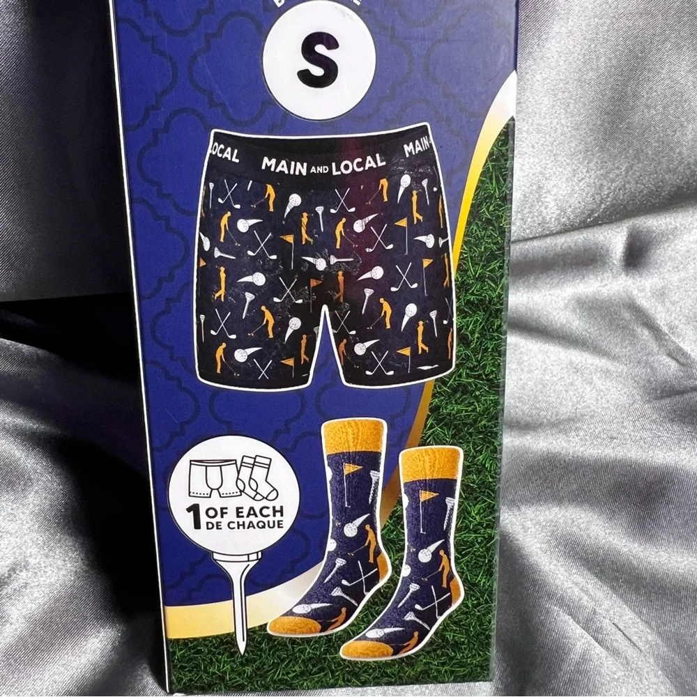 Local & Main Men’s Size S Golf Novelty Boxers & Socks Gift Set Blue Holiday Bday